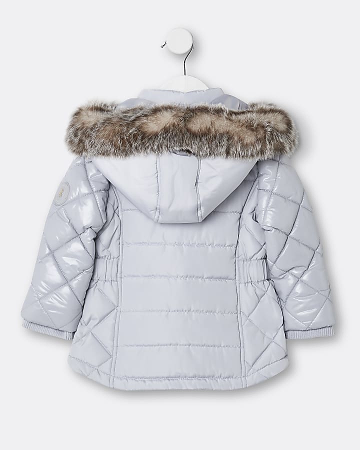 Mini girls grey quilted puffer coat