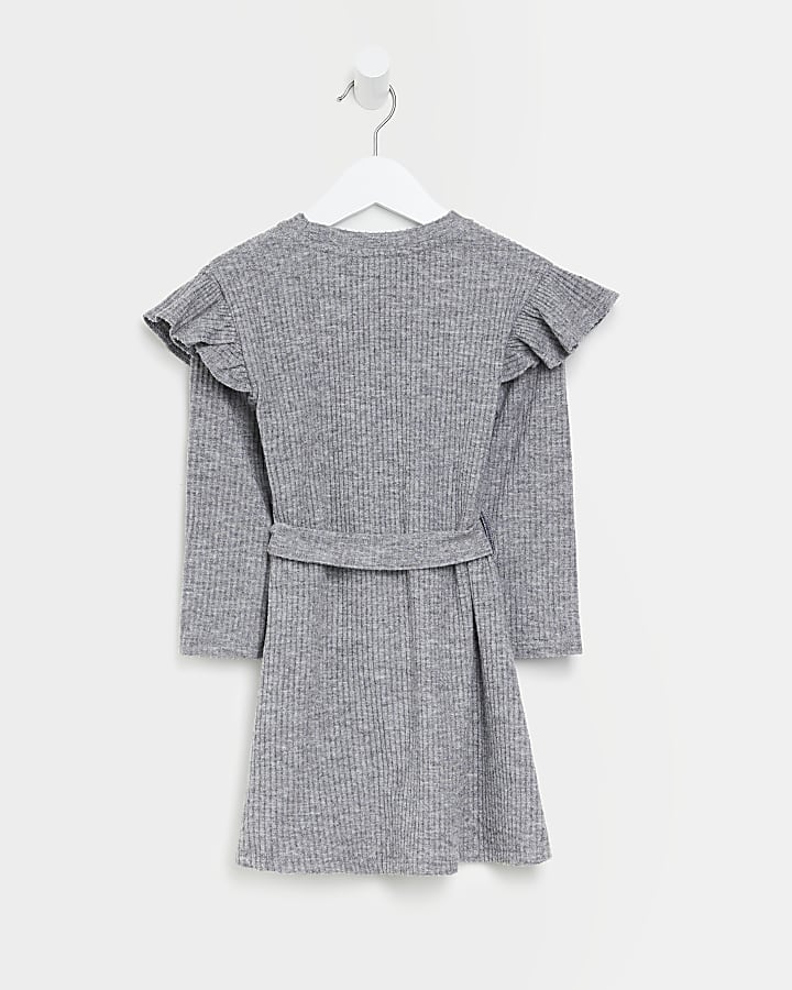Mini girls Grey ribbed belted frill Dress