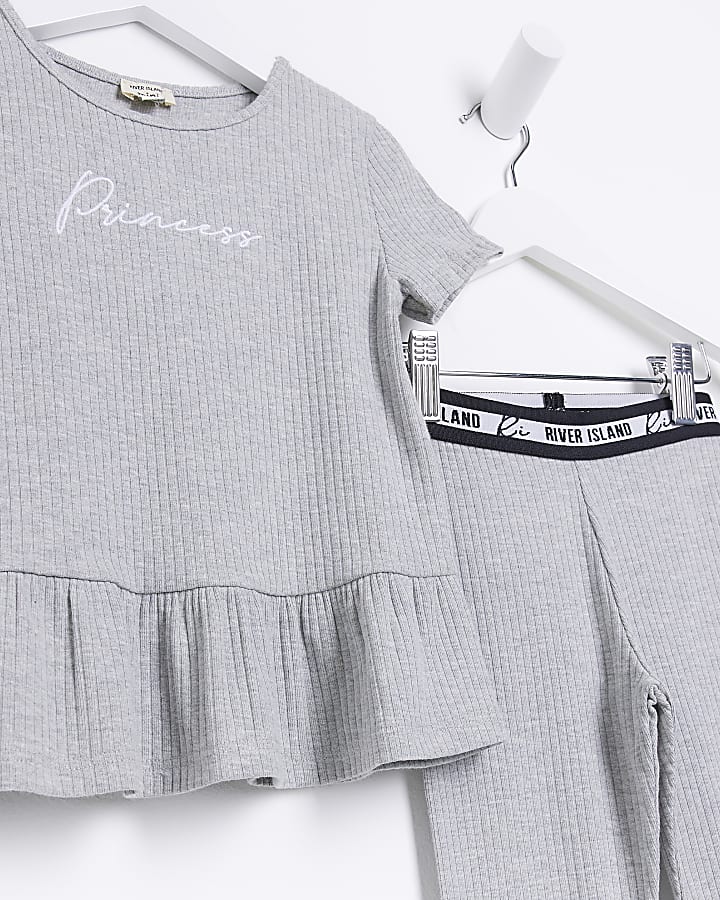 Mini Girls Grey Ribbed Peplum T-shirt Set