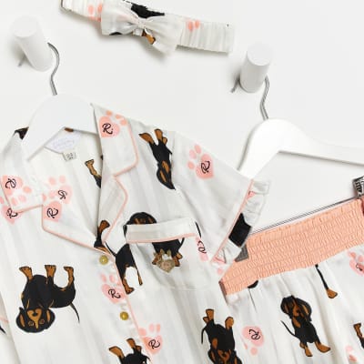 Mini Girls Grey Sausage Dog Satin Pyjama Set