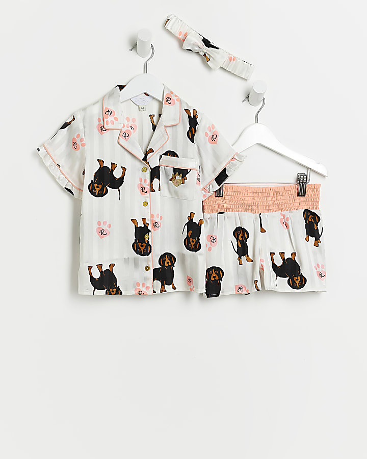Mini Girls Grey Sausage Dog Satin Pyjama Set