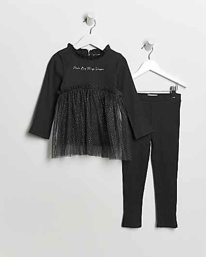 Mini girls Grey Tulle Hem Ribbed outfit