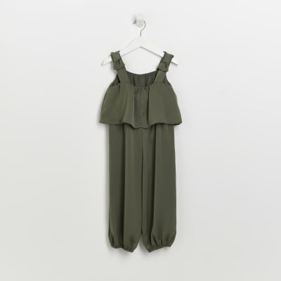Mini girls Khaki Bow Strap Frill Jumpsuit
