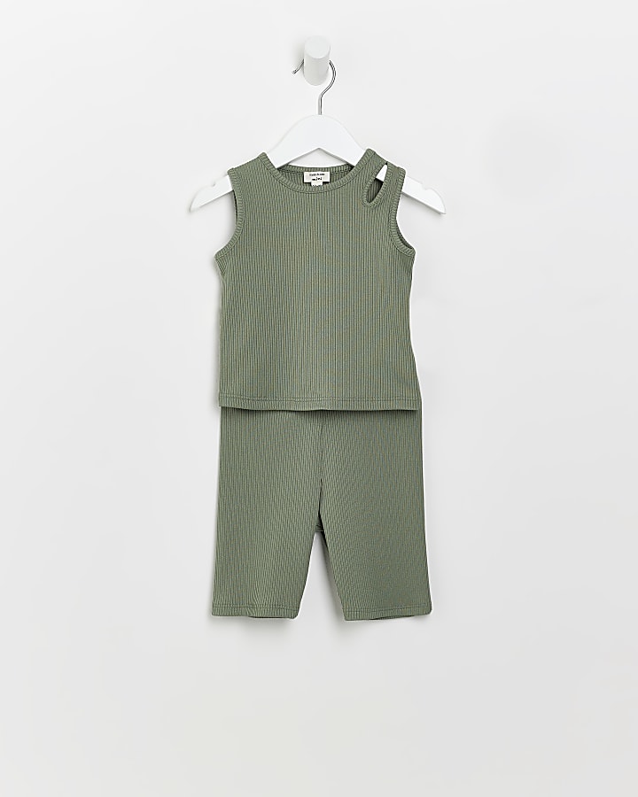 Mini girls khaki cutout crop vest outfit