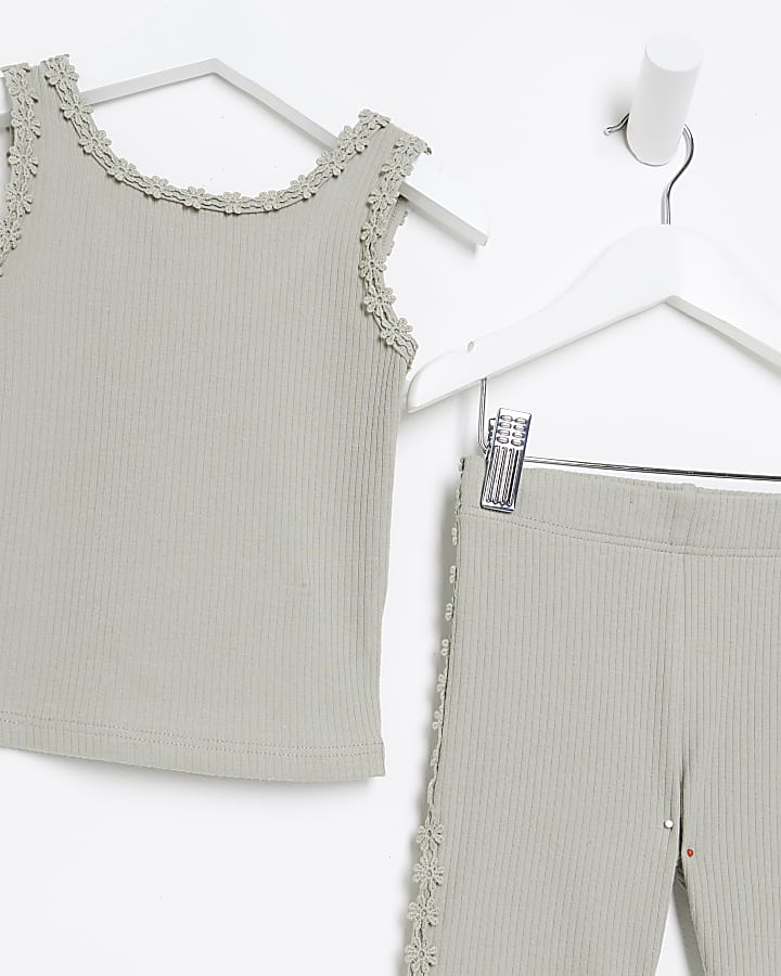 Mini girls khaki flower trim vest set