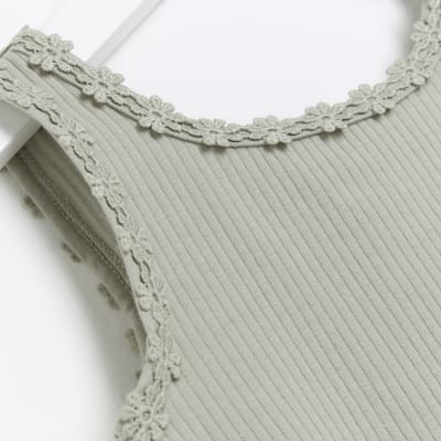 Mini girls khaki flower trim vest set