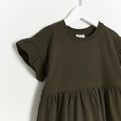 Mini Girls Khaki Frill Sleeve Smock Dress