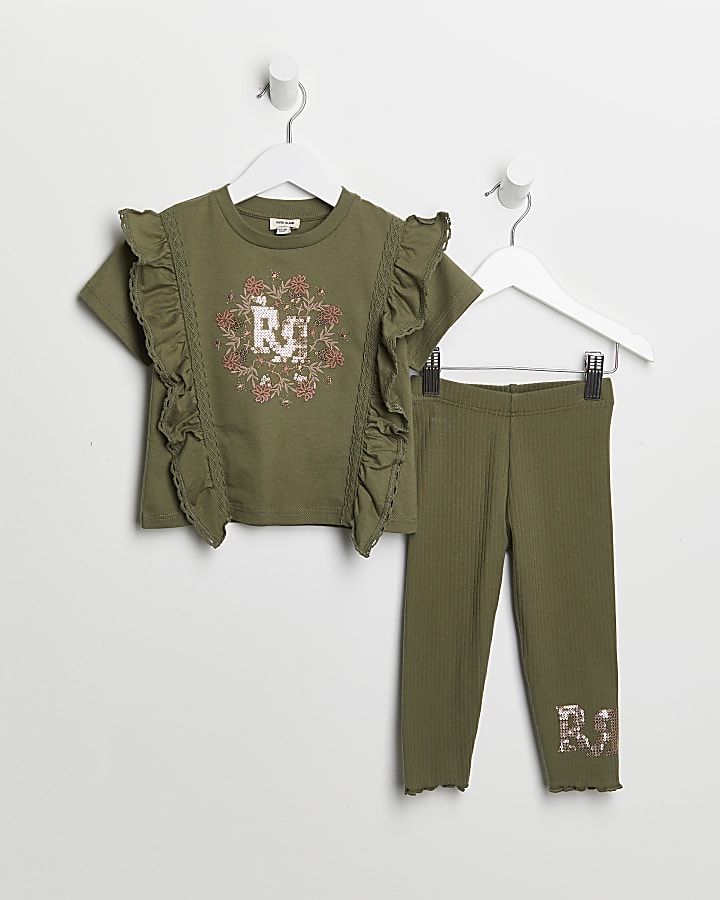 Mini girls khaki frill t-shirt and leggings