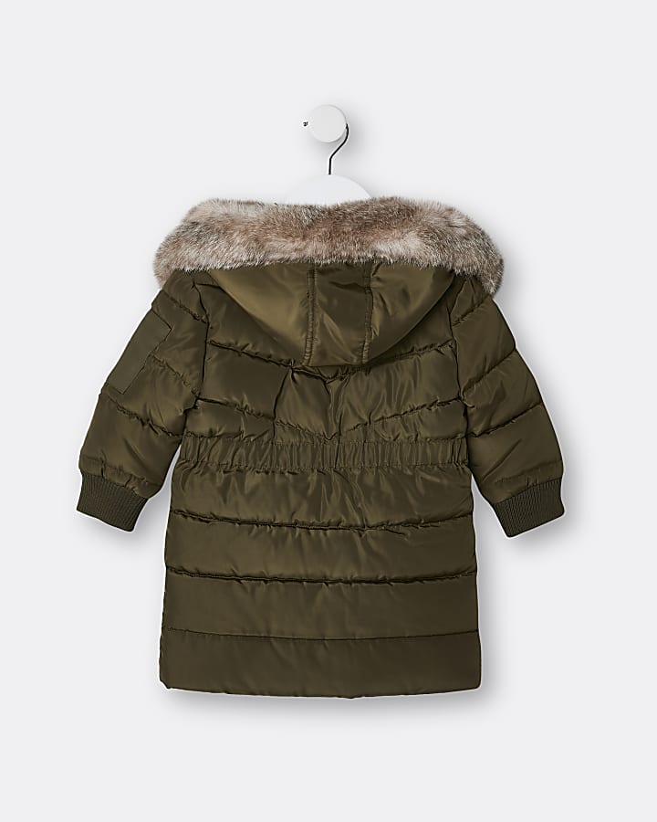 Mini girls khaki hooded longline puffer coat