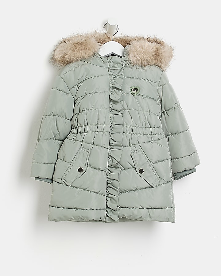 Mini girls Khaki hooded puffer coat