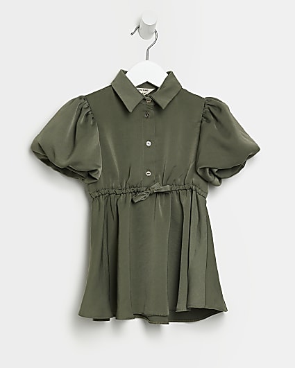 Mini girls Khaki puff Sleeve Shirt Dress