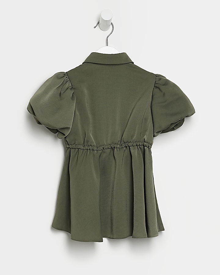 Mini girls Khaki puff Sleeve Shirt Dress