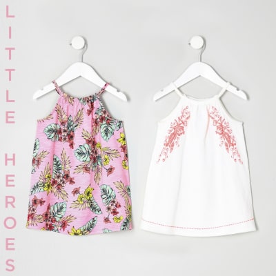 Mini girls leaf print trapeze dress two pack