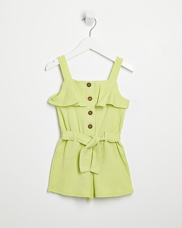 Mini girls lime tie waist ribbed playsuit