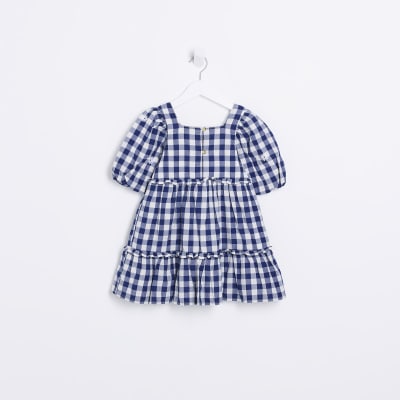 Mini girls navy check smock dress