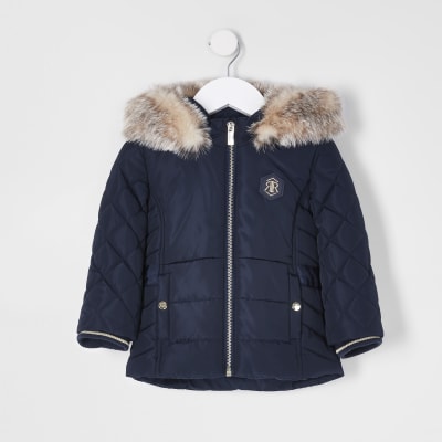 navy padded coat with fur hood