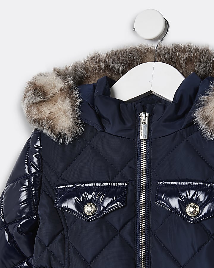 Mini girls navy quilted puffer coat