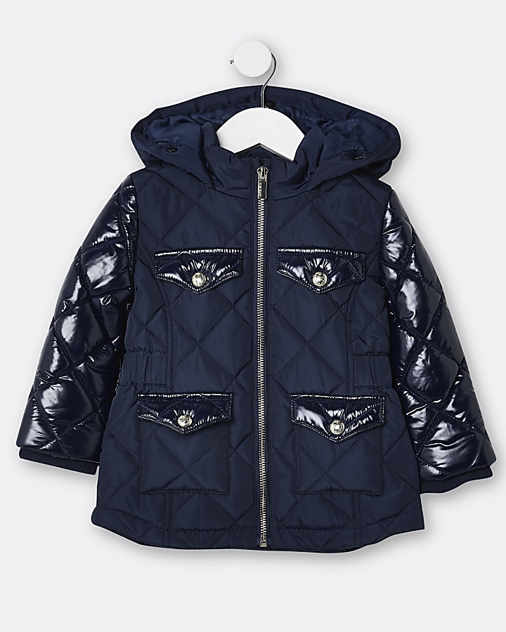 Mini girls navy quilted puffer coat