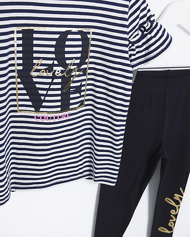 Mini girls navy stripe graphic leggings set
