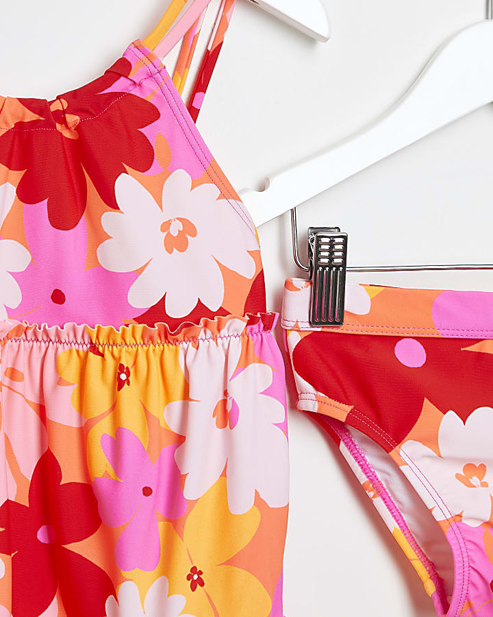 Mini girls orange Floral swim Dress set