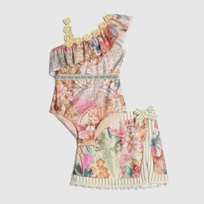 Mini Girls Orange Floral Swimsuit & Skirt Set