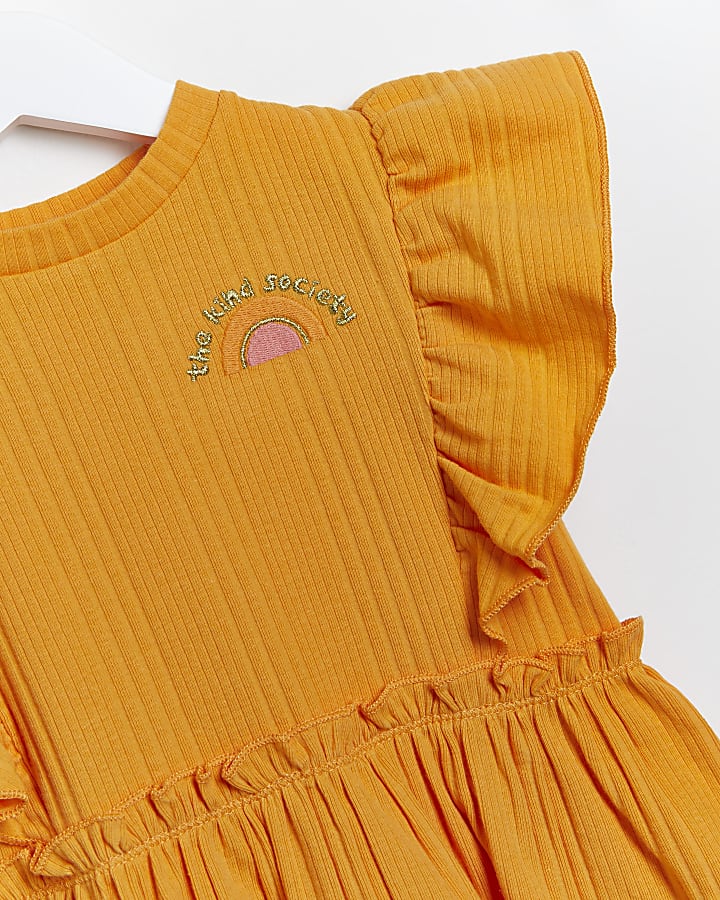 Mini girls orange frill sleeve t-shirt