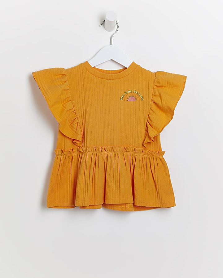 Mini girls orange frill sleeve t-shirt