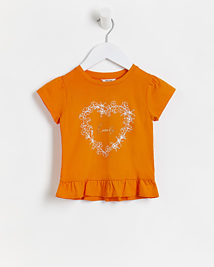 Mini girls orange heart frill t-shirt