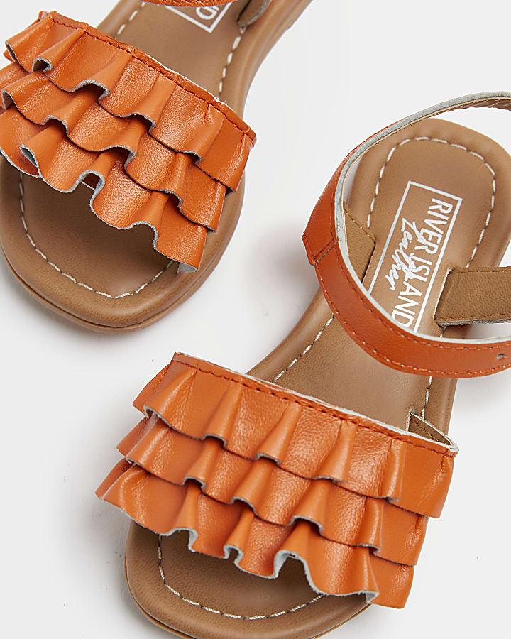 Mini girls orange leather ruffle sandals
