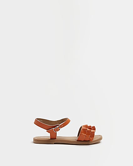 Mini girls orange leather ruffle sandals