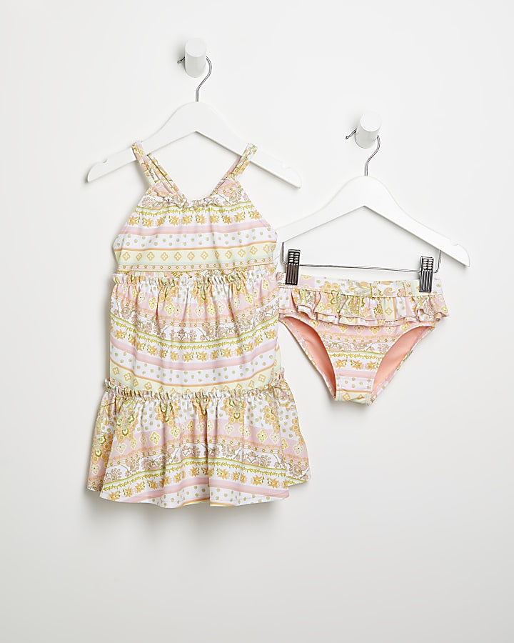 Mini girls orange paisley swim dress set