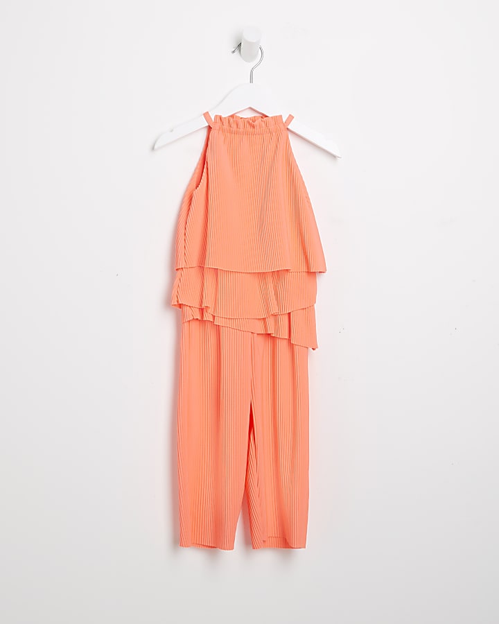 Mini girls orange plisse layered jumpsuit