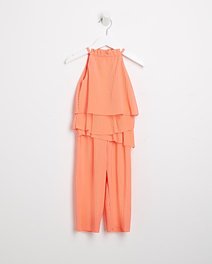 Mini girls orange plisse layered jumpsuit