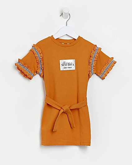 Mini girls Orange Ruffle Belted t-shirt Dress