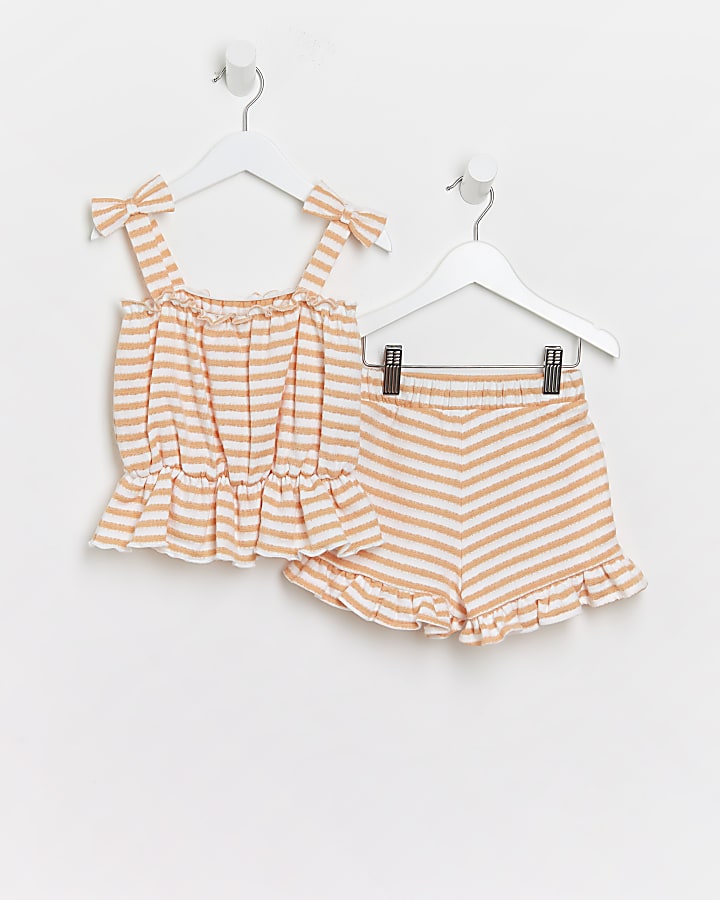 Mini girls orange stripe print shorts outfit