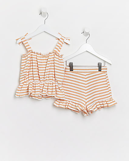 Mini girls orange stripe print shorts outfit