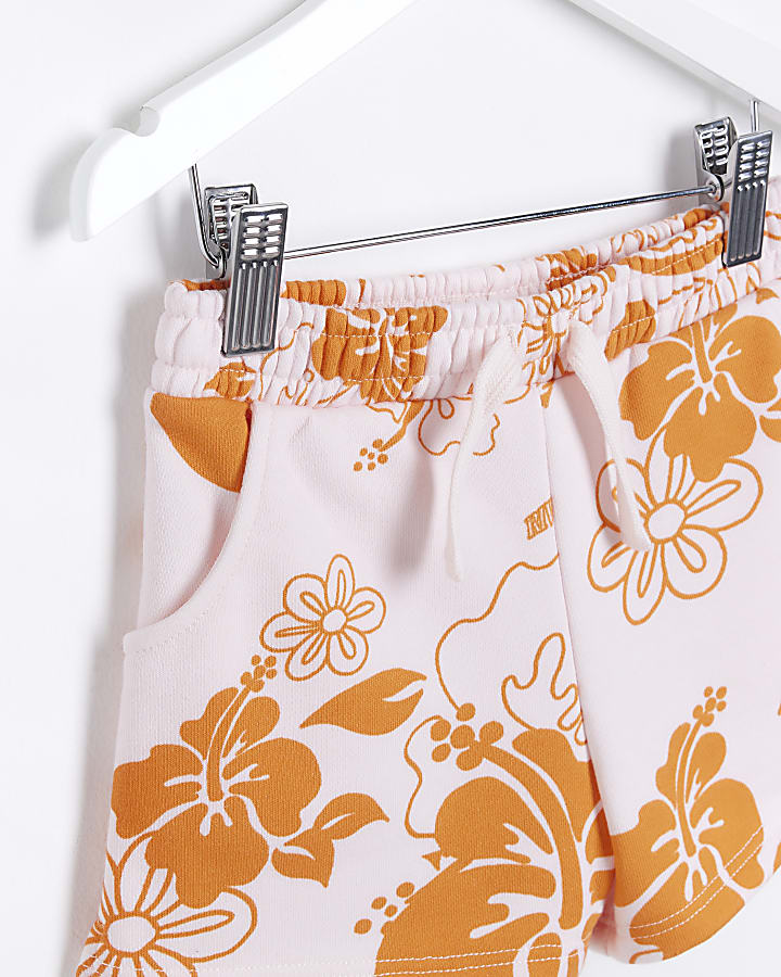 Mini Girls Orange Tropical Print Shorts