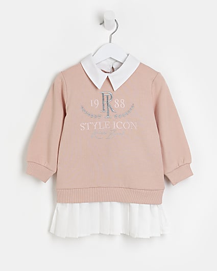 Mini girls pink 2 in 1 pleat sweater dress