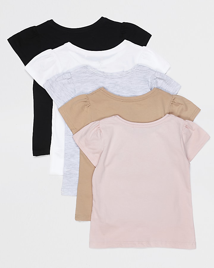 Mini girls pink 5 pack puff sleeve t-shirts