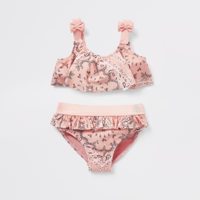 Mini girls pink bandana frill bikini set River Island