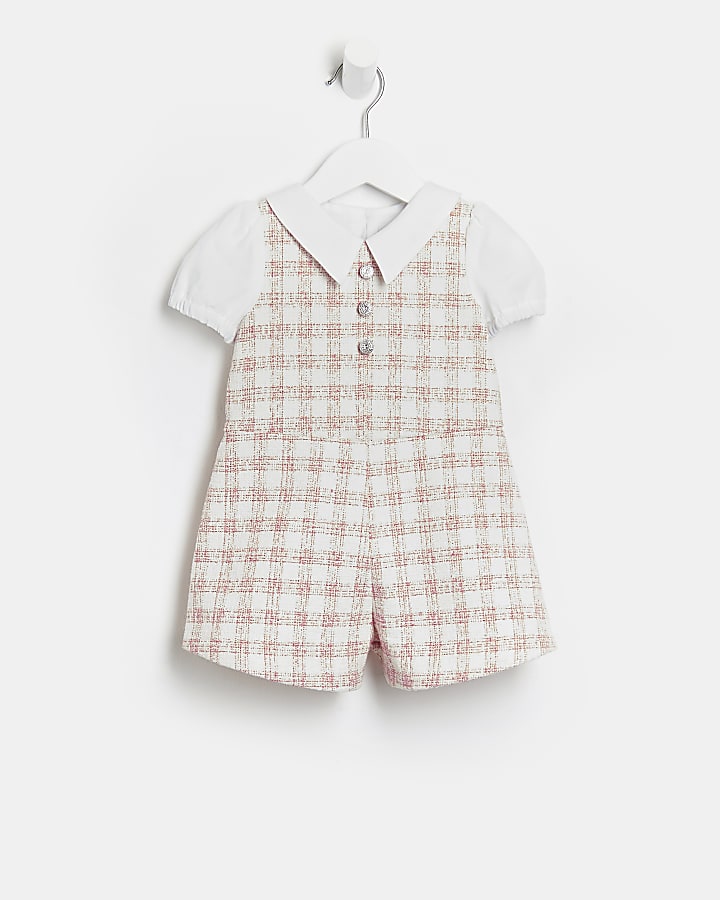 Mini girls pink boucle check playsuit