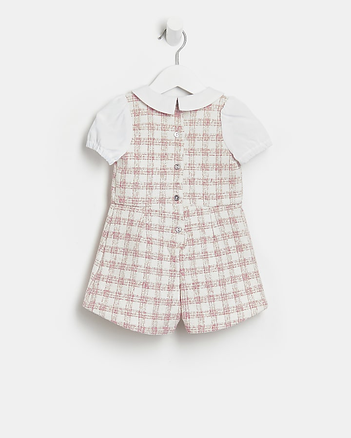 Mini girls pink boucle check playsuit