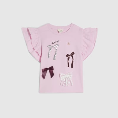 Mini Girls Pink Bow Embellished Frill Top