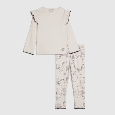 Mini Girls Pink Bow Frill Ribbed T-Shirt Set