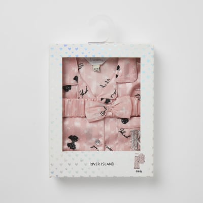 Mini girls pink bow frill satin pyjama set