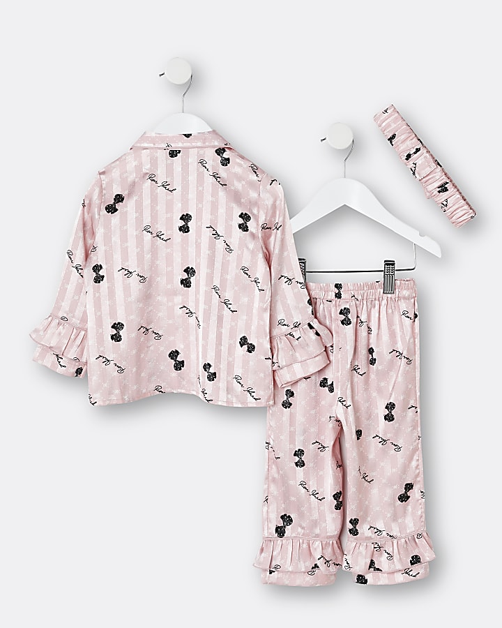 Mini girls pink bow frill satin pyjama set