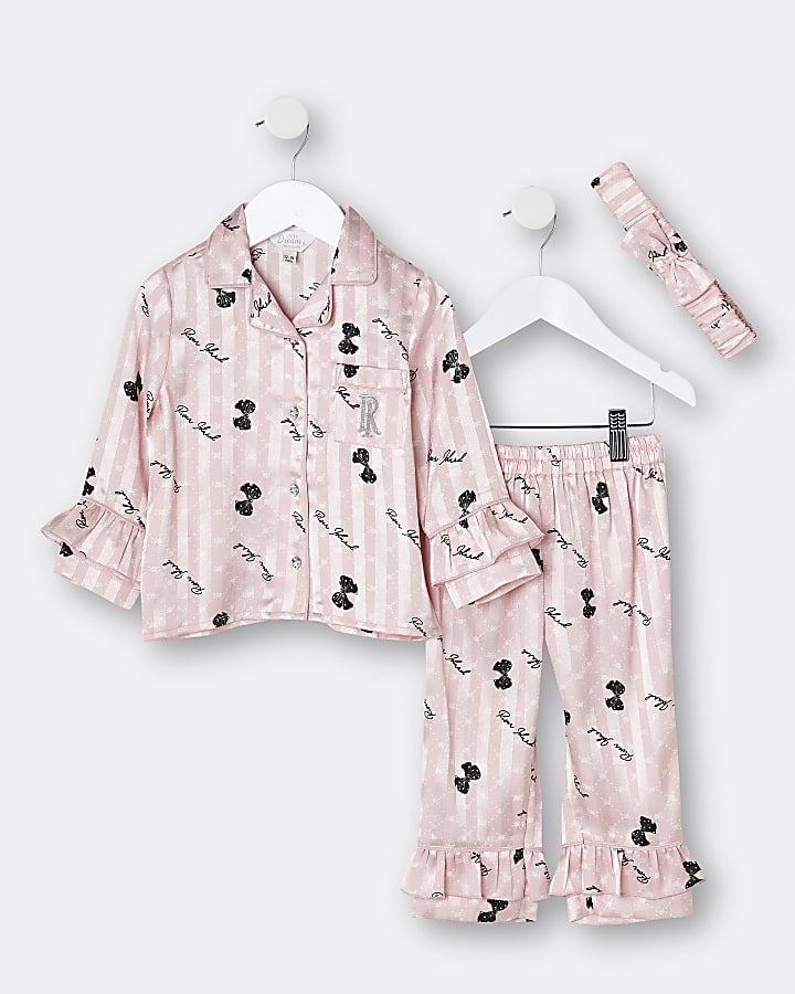 River Island Girls Clothing Loungewear Pajamas Mini girls bow frill satin pyjama set 