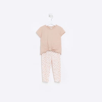 Mini girls Pink Bow Tshirt and Leggings Set River Island