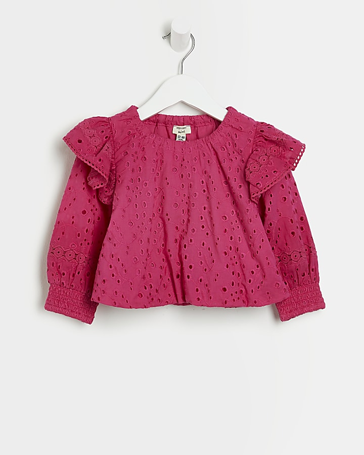 Mini girls pink broderie frill blouse