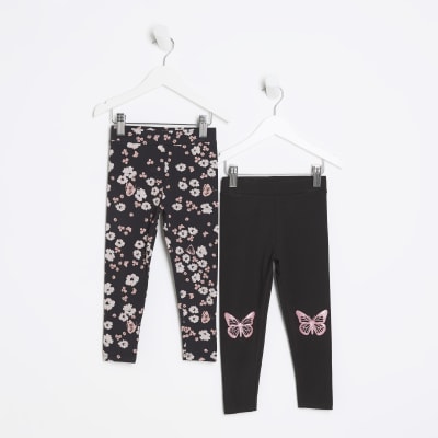 Girls Pink and Navy Butterfly Leggings Pink Pants, Flower Leggings